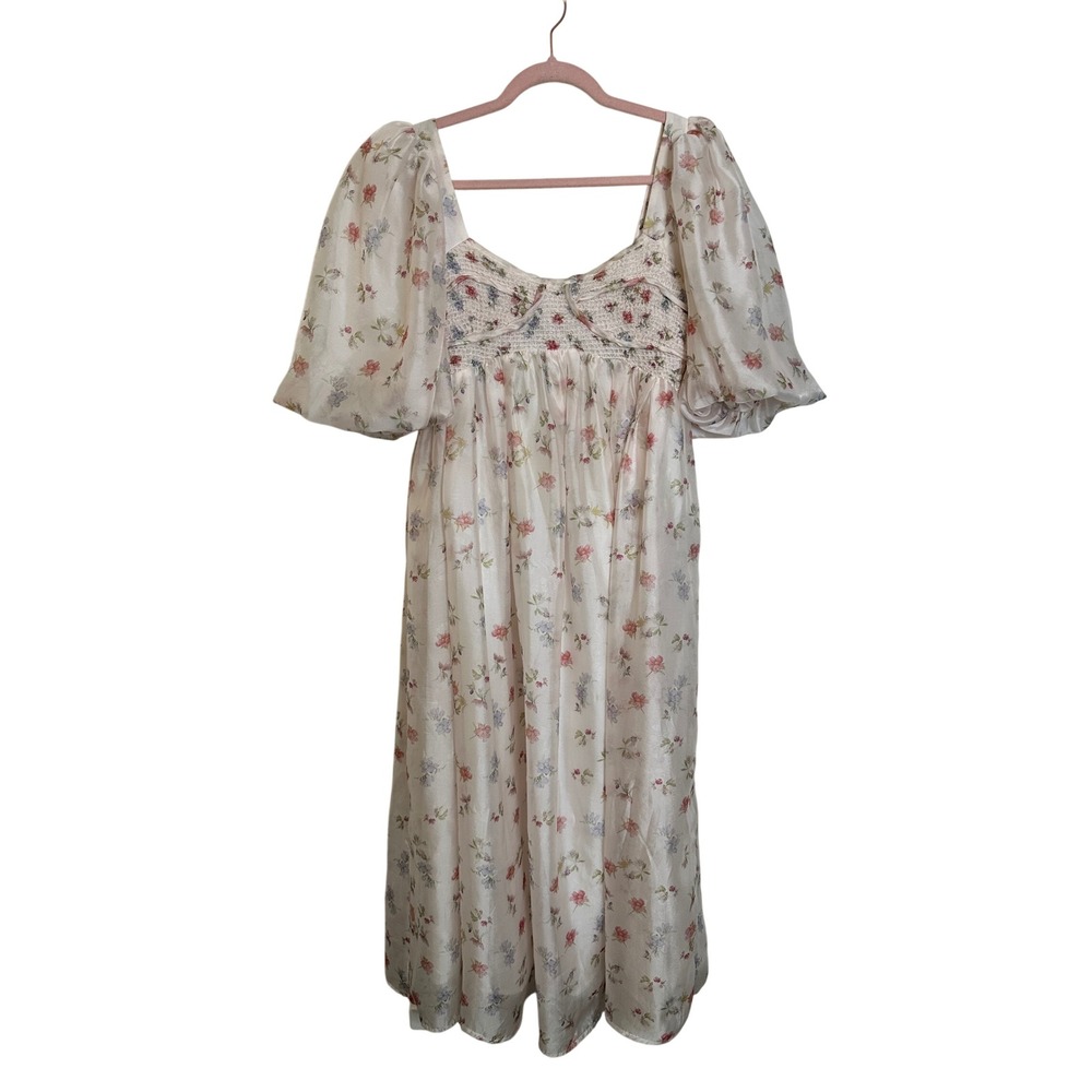 Cream Floral Midi Dress with Puff Sleeves